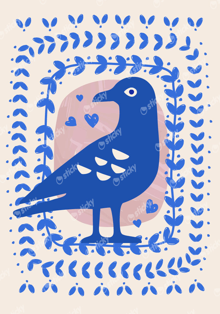 Πόστερ BLUE BIRD WITH LEAVES ILLUSTRATION
