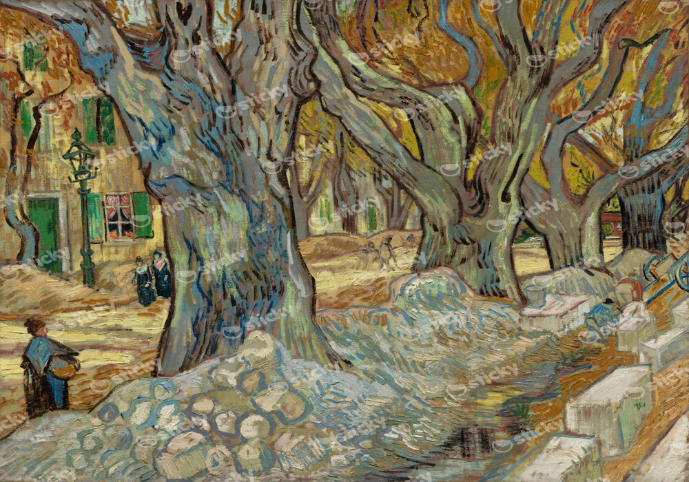 Πινακας σε καμβά VAN GOGH - THE LARGE PLANE TREES ROAD MENDERS AT SAINT RÉMY