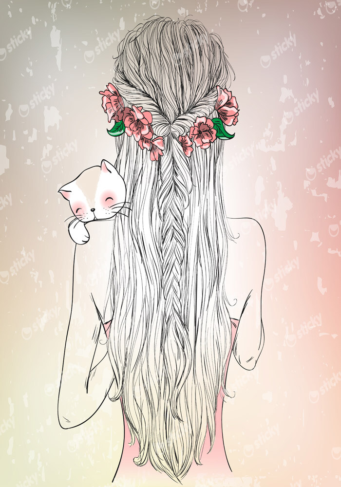 Πινακας σε καμβά HAND DRAWN LONGHAIR YOUNG GIRL WITH CAT