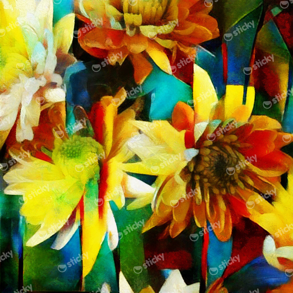 Πίνακας σε καμβά GERBERA AND CHRYSANTHEMUMS CUBISM