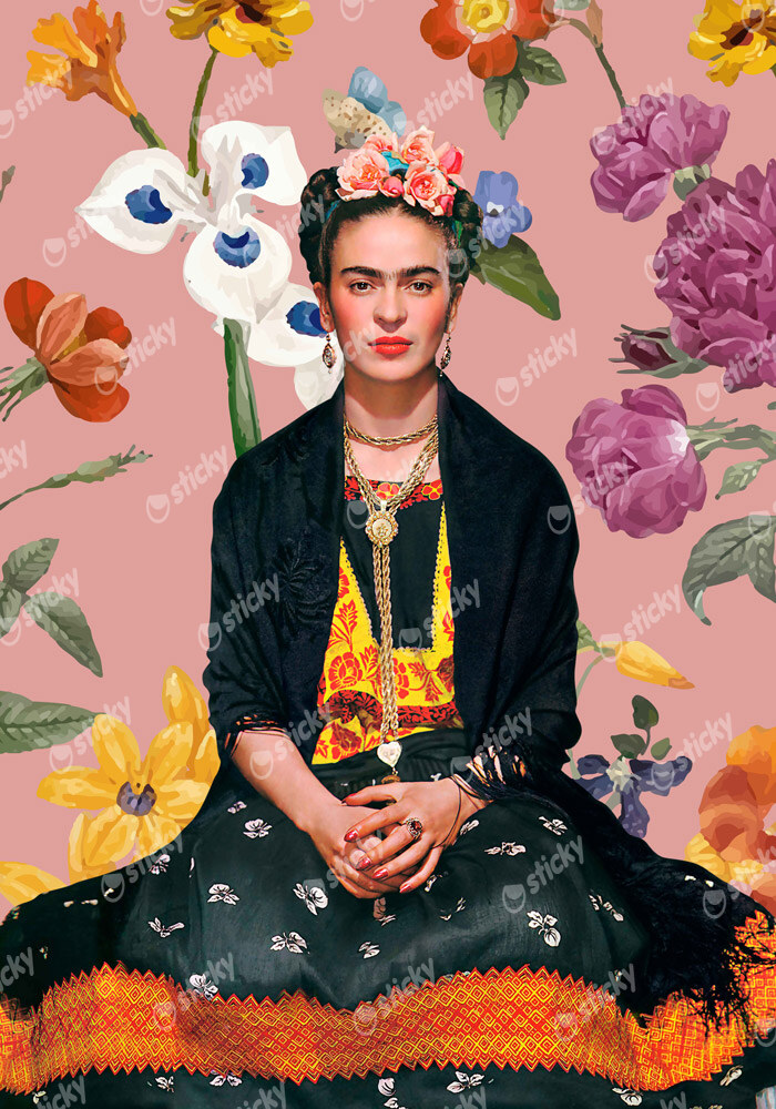 Πινακας σε καμβά FRIDA KAHLO ON PINK FLORAL